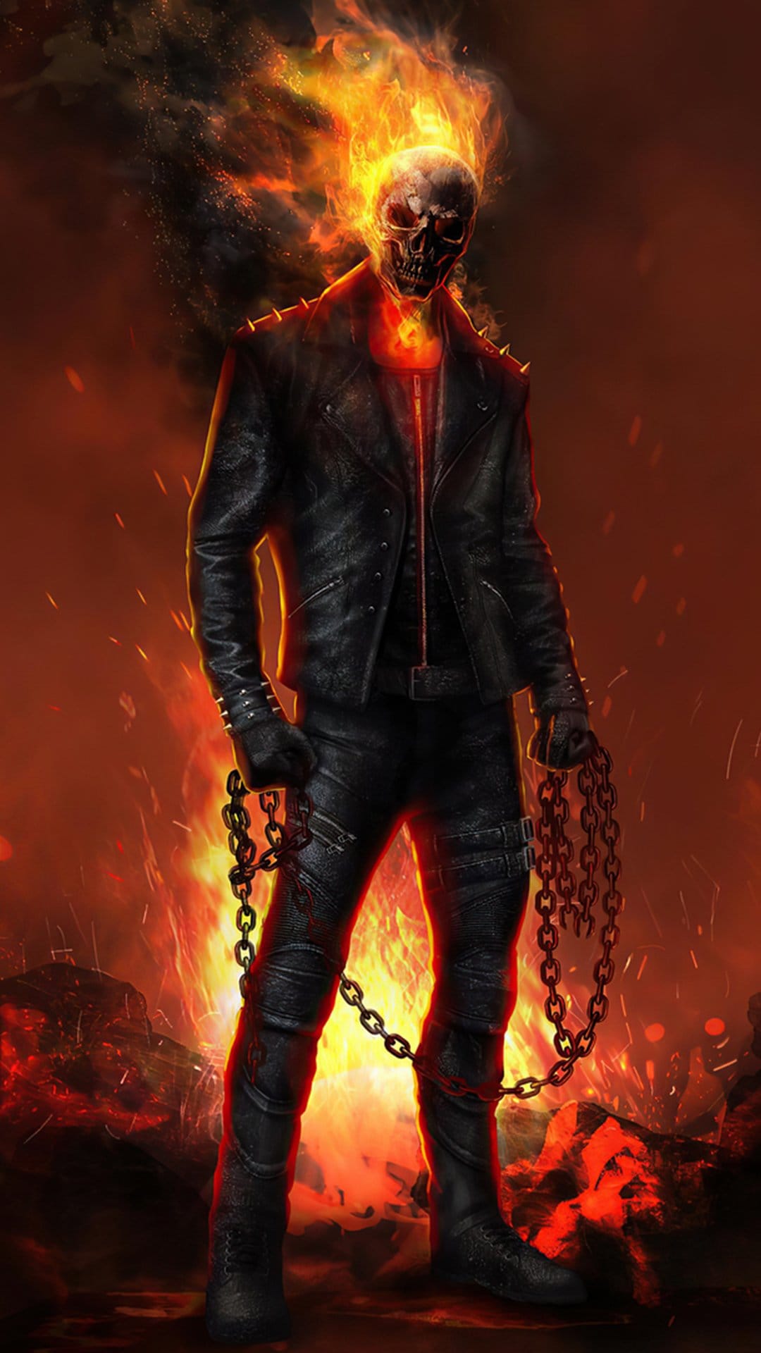 Ghost Rider with a flaming skull and studded leather jacket holds glowing metal chains in a fiery orange inferno.