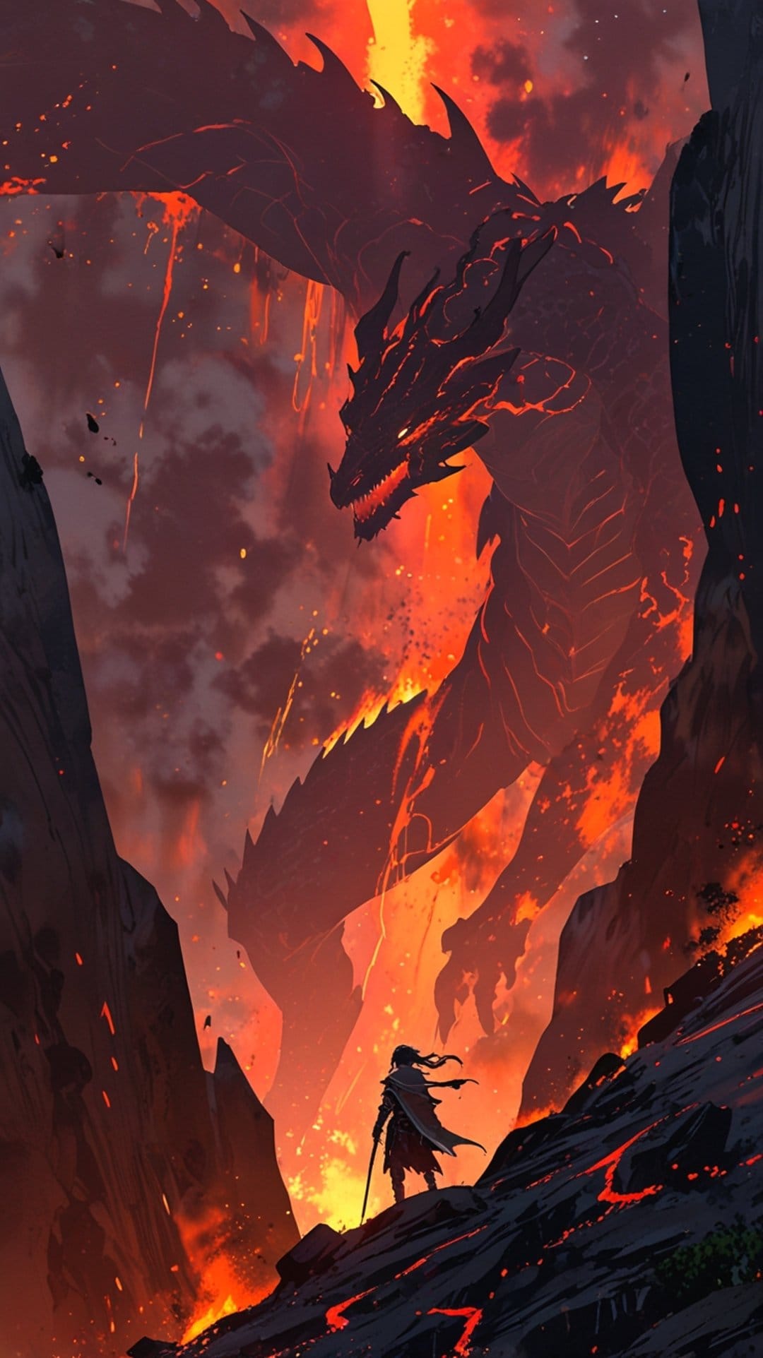 Colossal fire dragon towers over a knight on cracked volcanic rock amidst flowing lava and glowing embers.