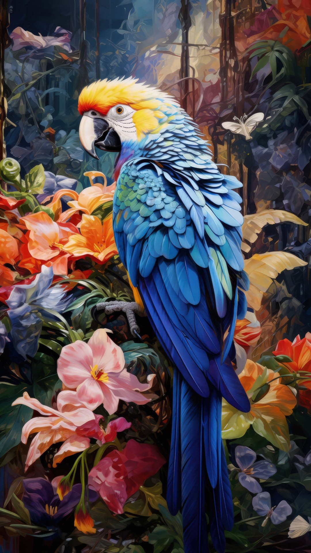 Blue and yellow macaw perched on a branch surrounded by pink tropical flowers and a white butterfly.