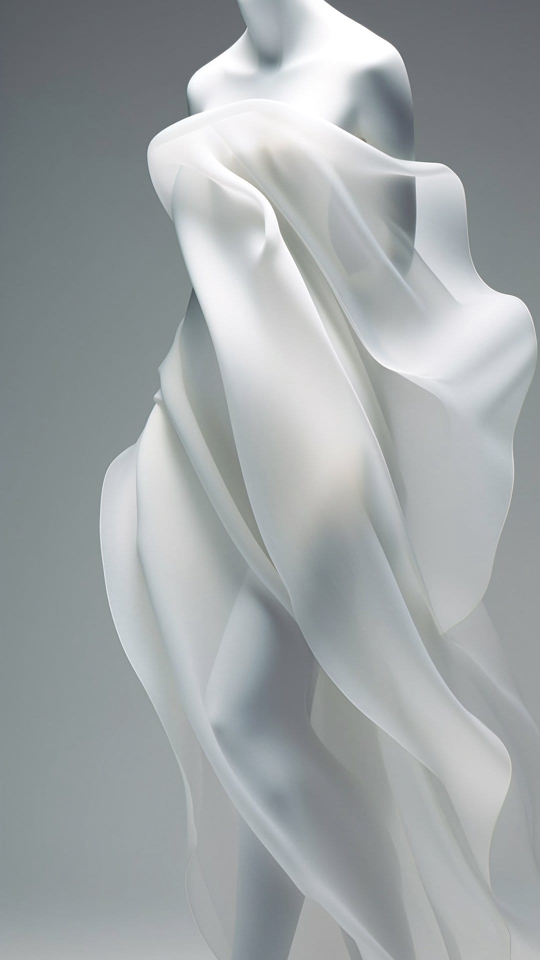 White abstract sculpture covered in sheer flowing textile with delicate folds and soft monochromatic lighting.