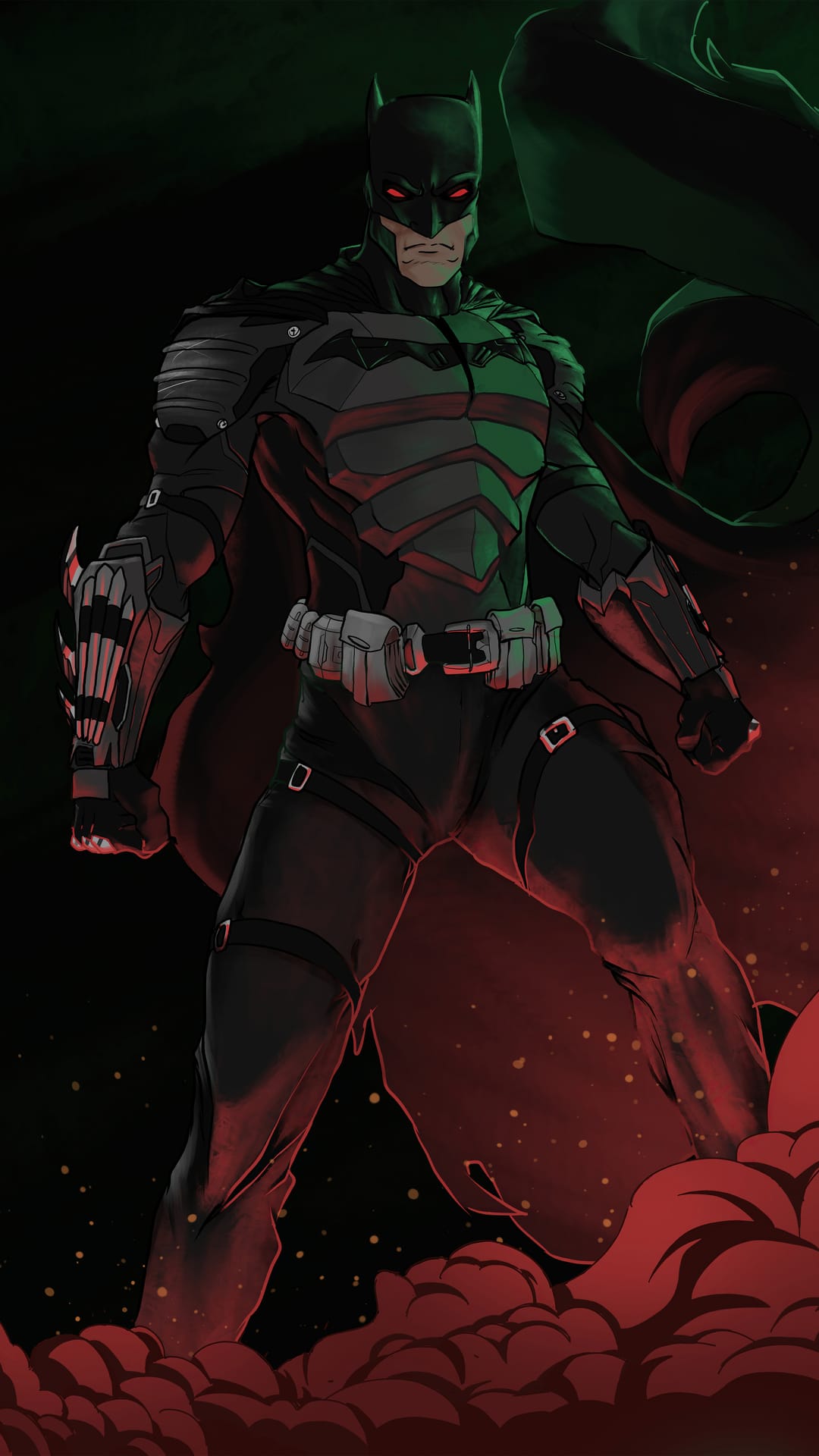 Batman with glowing red eyes wearing tactical armor and a utility belt stands amidst swirling dark crimson fog.