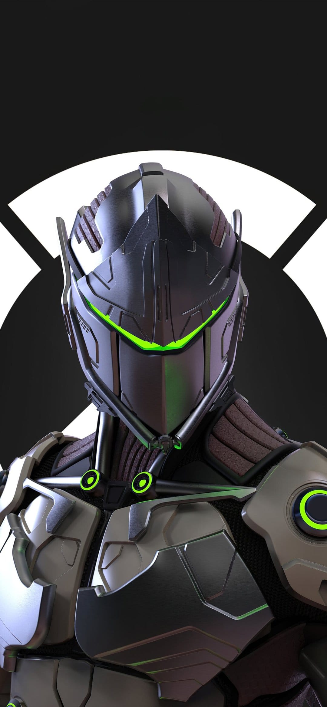 Cybernetic ninja helmet with glowing green visor line and dark metallic armor plating on a grey background.