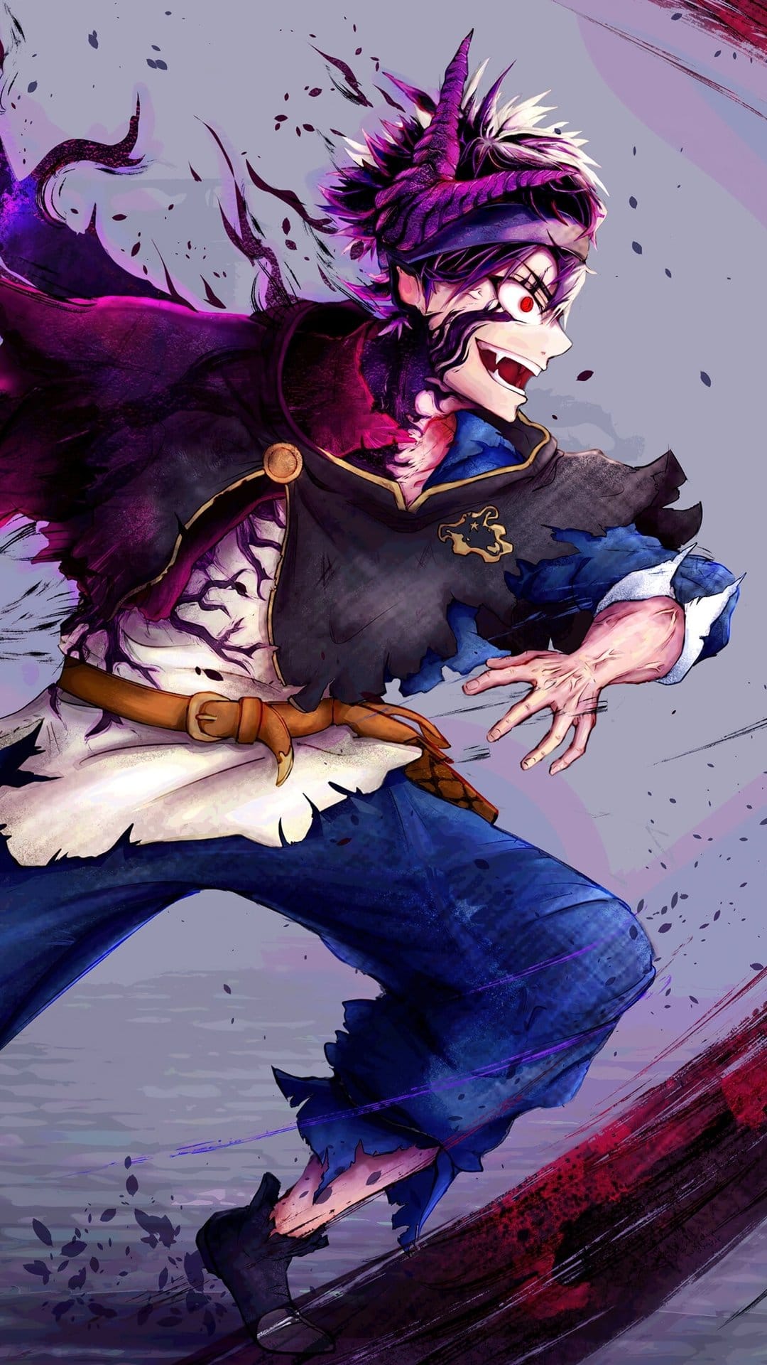 Asta with one glowing red eye and black horns surges through dark anti-magic energy in a close-up view.