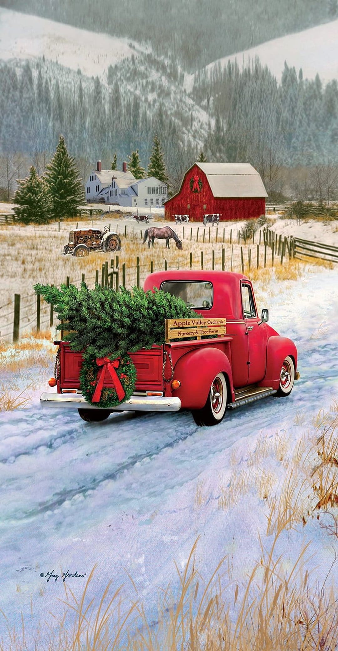 Red vintage truck with a Christmas tree drives past a snowy white farmhouse and a red barn on a rural farm road.