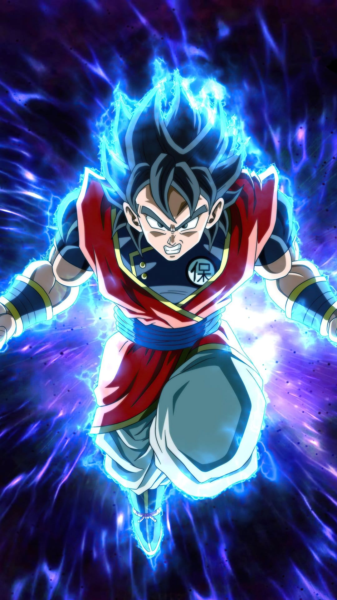 Xeno Goku in Super Saiyan 4 Limit Breaker form with blue hair and a crackling purple and blue energy aura.