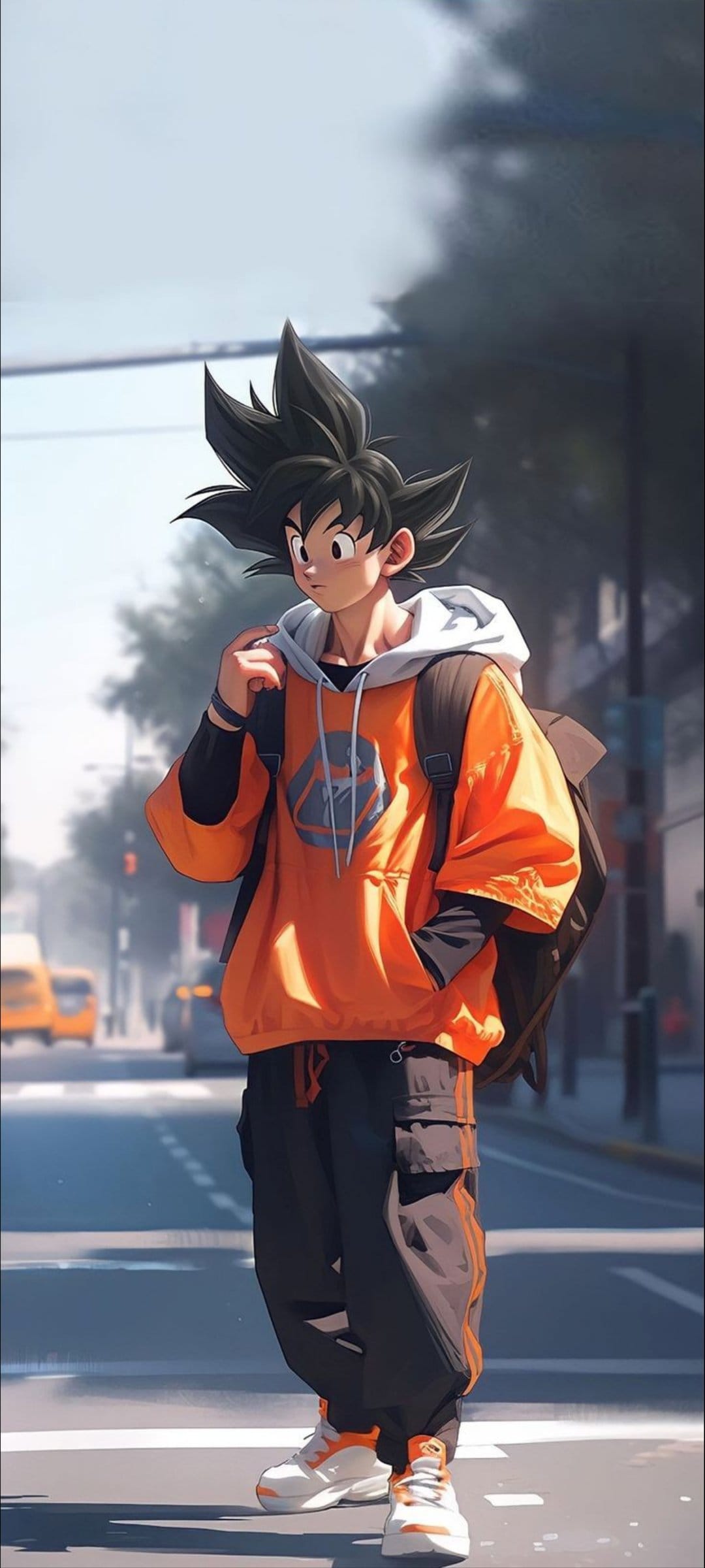 Goku wears an oversized orange hoodie and cargo pants while standing on a city crosswalk with blurred cars.