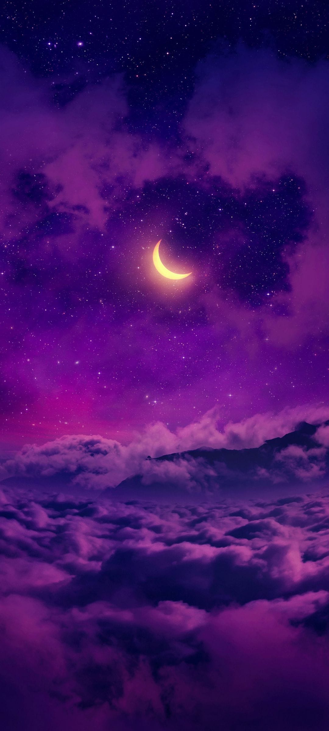 Crescent moon shines over purple clouds and silhouetted mountain peaks under a dense field of twinkling stars.
