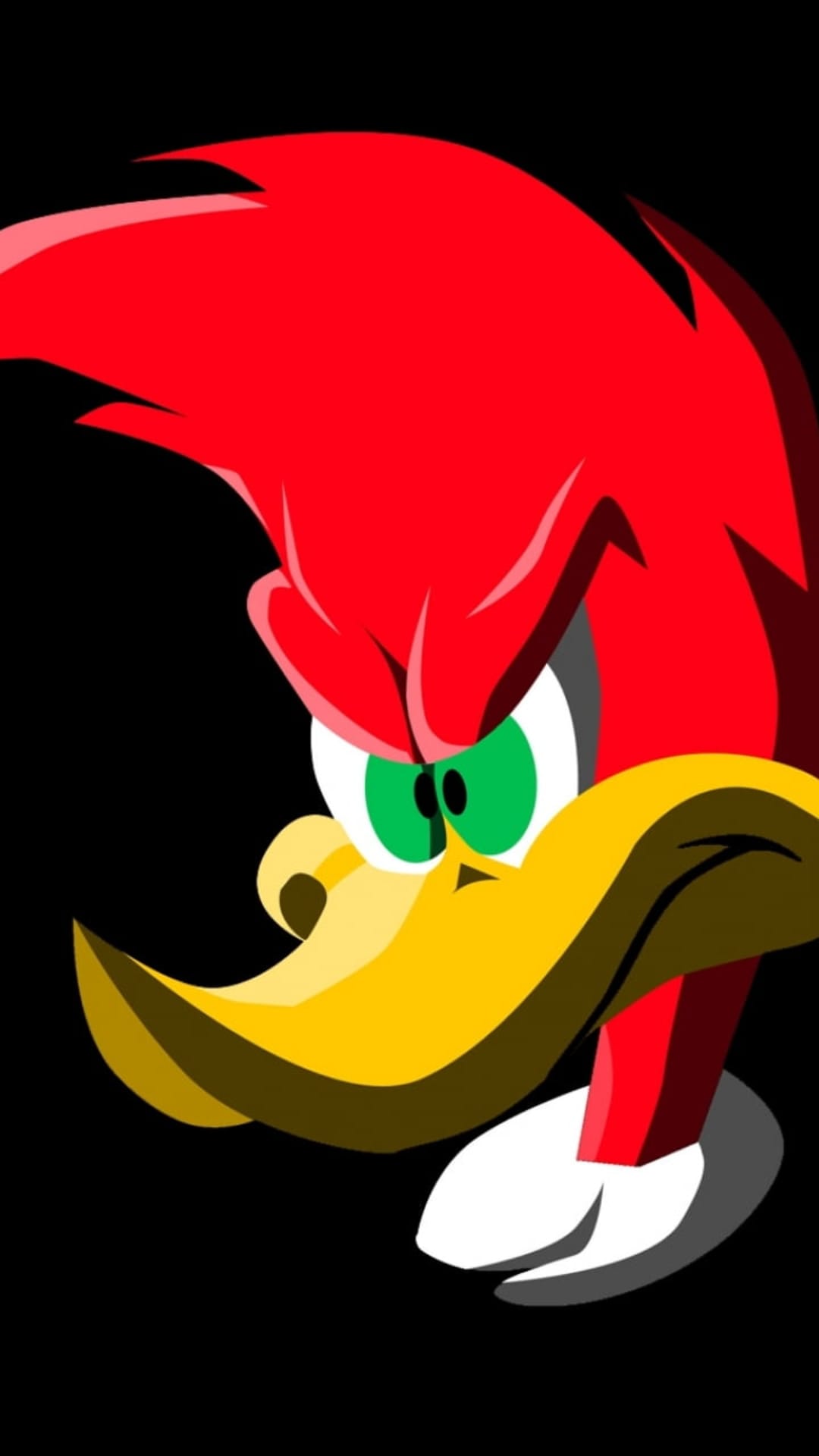 Woody Woodpecker with bright red feathers and intense green eyes stares forward against a solid black background.