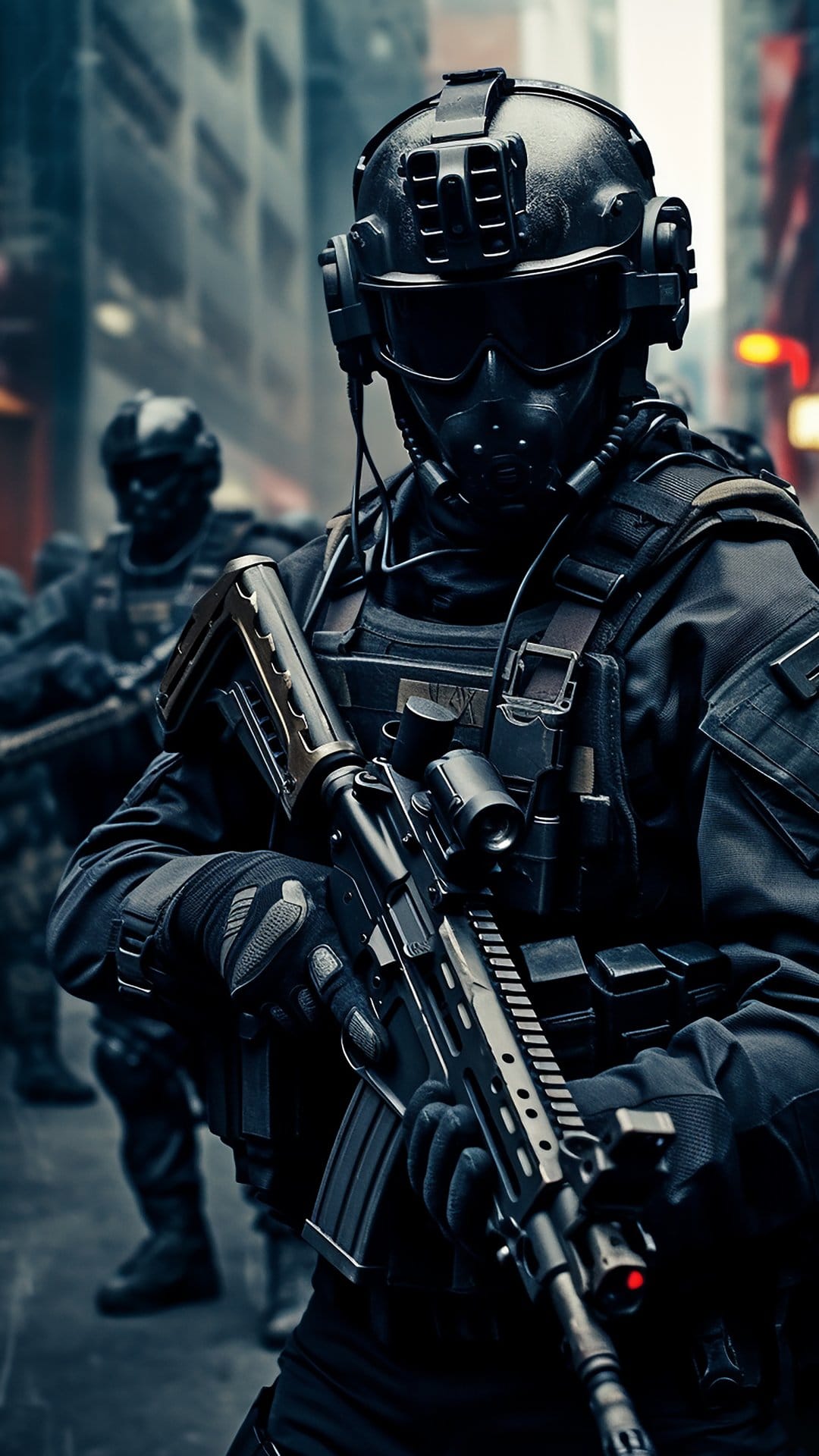 Cybernetic soldier in carbon fiber armor holding an assault rifle against a blurred neon urban city backdrop.