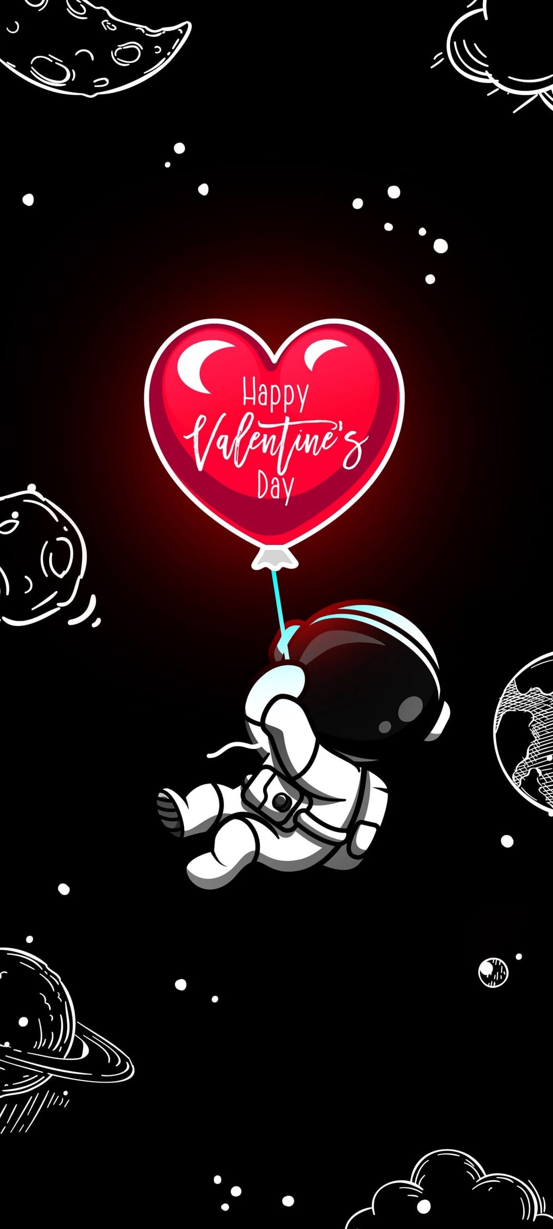 Astronaut in white gear holds a red heart balloon amidst stylized planets and stars in a dark cosmic sky.