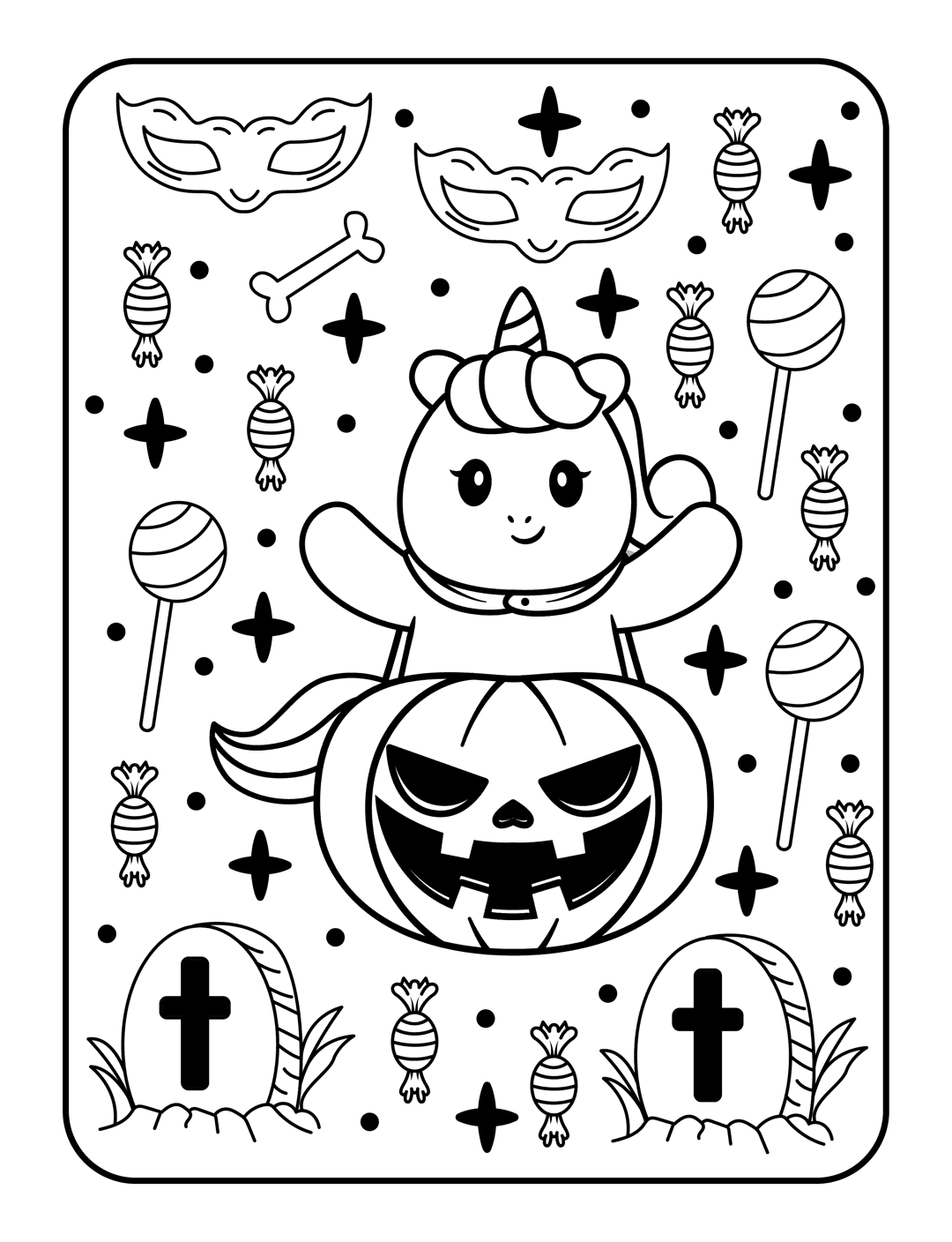 Halloween unicorn coloring page featuring a mythical creature on a carved pumpkin with tombstones and candy icons.