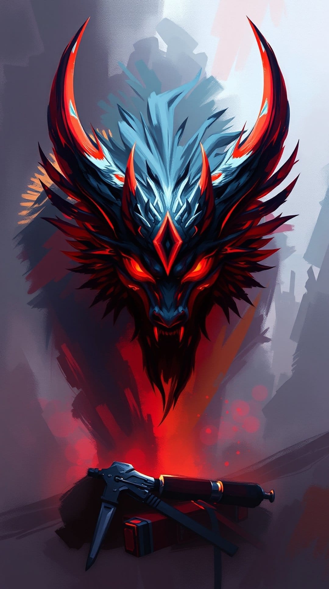 Dragon head with glowing red eyes and fiery horns looms over a mechanical energy weapon on a red block.