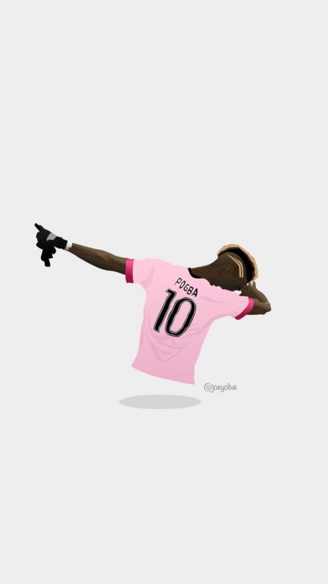 Paul Pogba in a pink jersey performing a dab dance celebration seen from behind against a white background.
