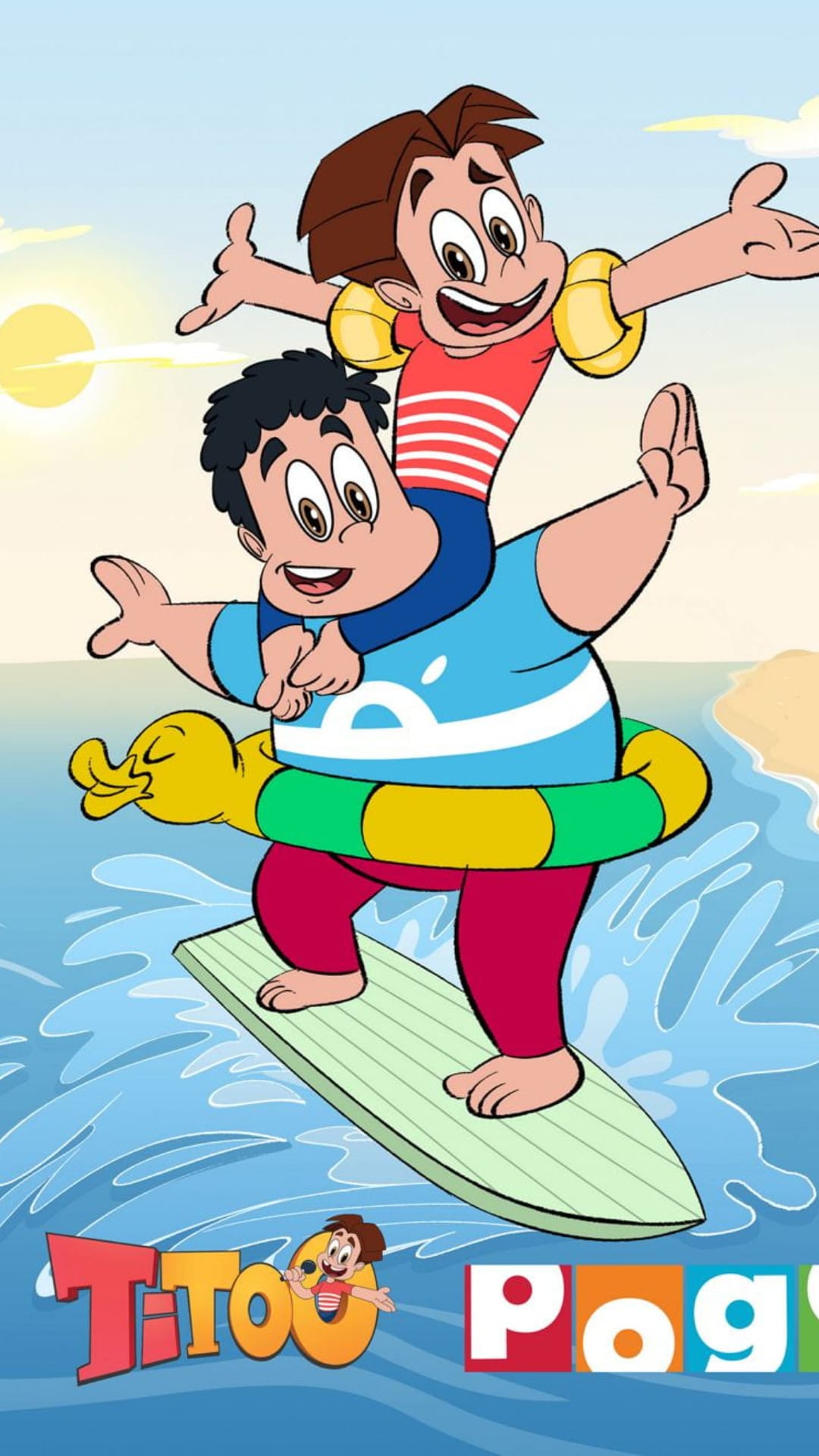 Titoo sits on Pogos' shoulders while surfing an ocean wave on a yellow board with a duck inflatable ring.