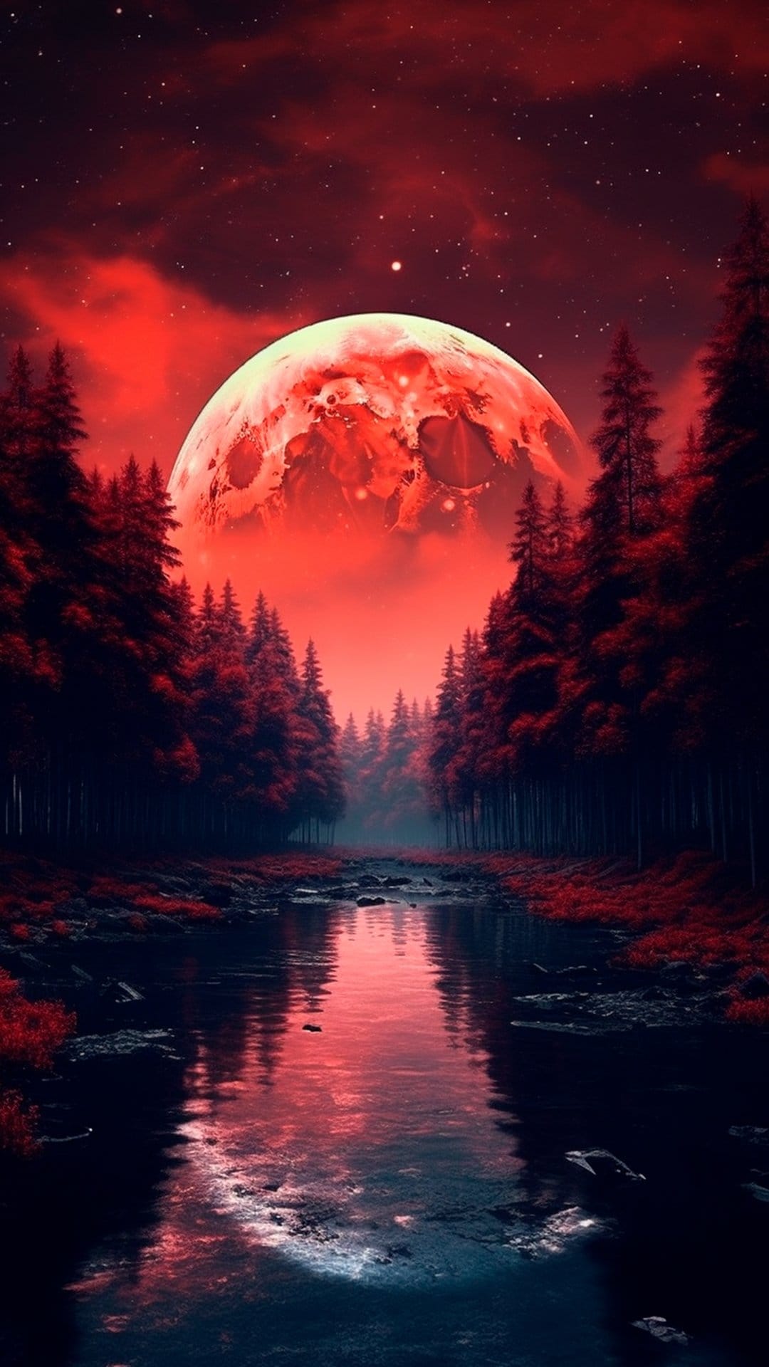 Huge red moon glowing over a dark pine forest and reflecting in a still river under a starry night sky.