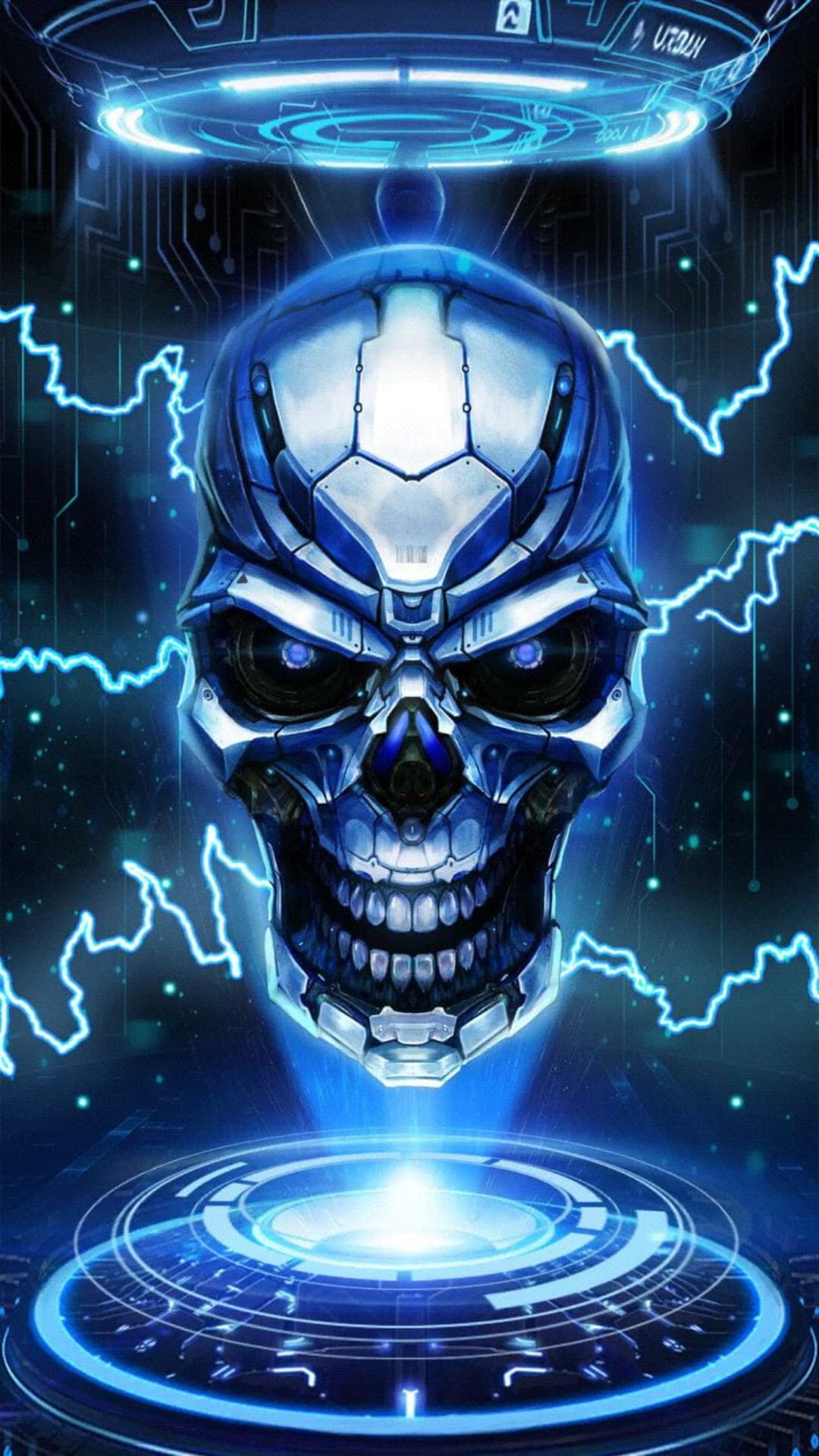 Metallic cybernetic skull with glowing blue circuitry and electric lightning bolts on a holographic platform.
