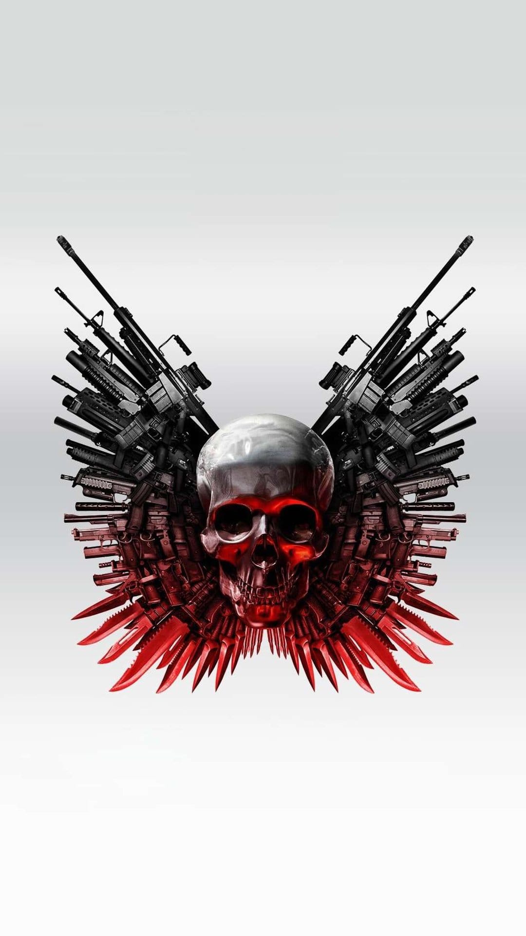 Polished metallic skull with glowing red eyes and wings made of stacked guns and blood-stained daggers.