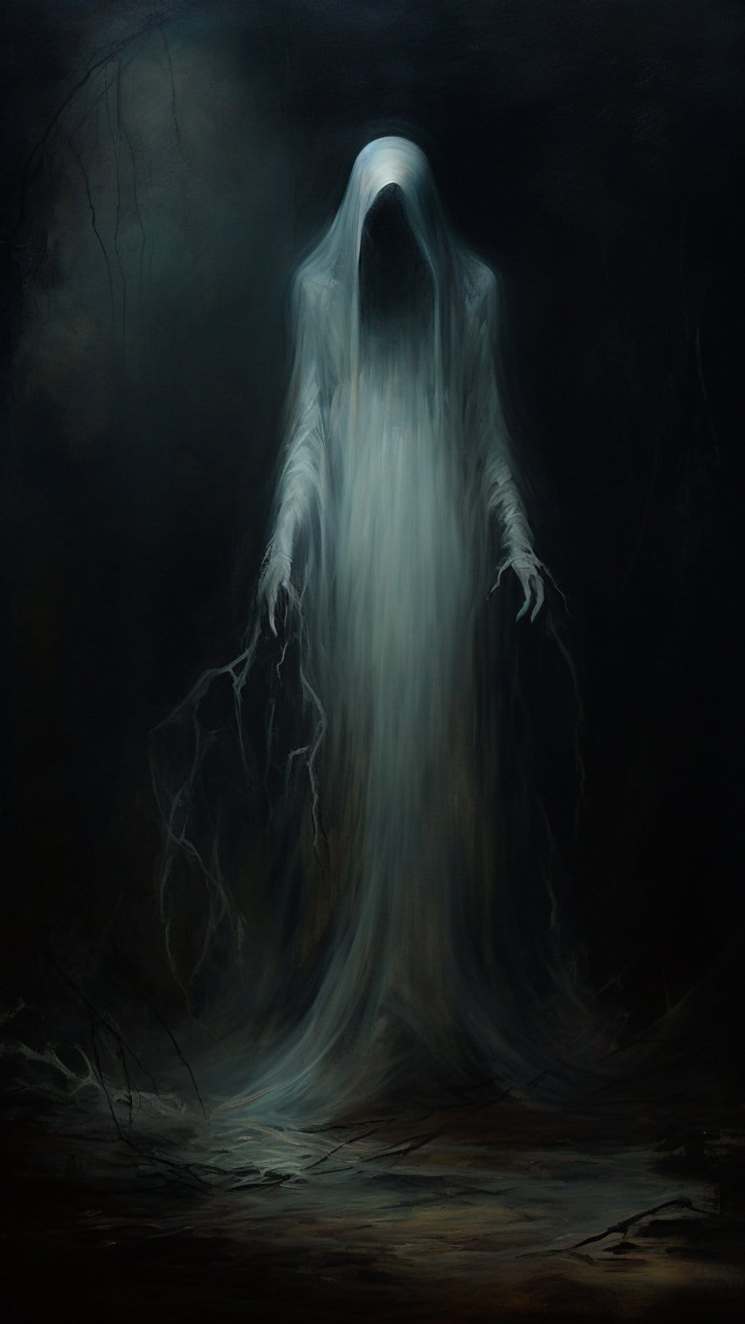 Spectral cloaked figure with translucent blue skin and elongated skeletal hands reaching out from darkness.