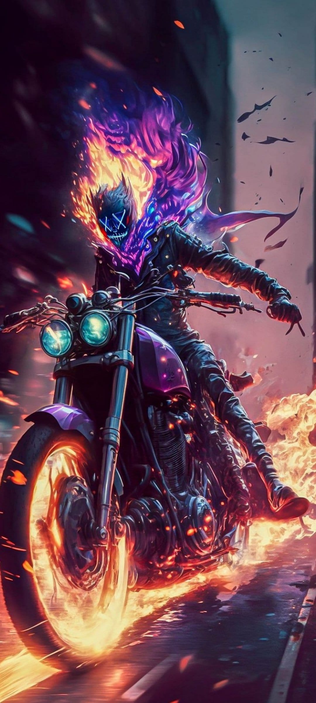 Masked motorcyclist with glowing X eyes rides a bike engulfed in purple and orange neon fire and thick smoke.