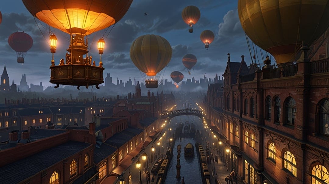 Ornate steampunk airships drift above a Victorian canal city lit by golden gas lamps during a dark night.