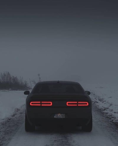 dodge challenger,dodge,car,black,road,winter,rear view