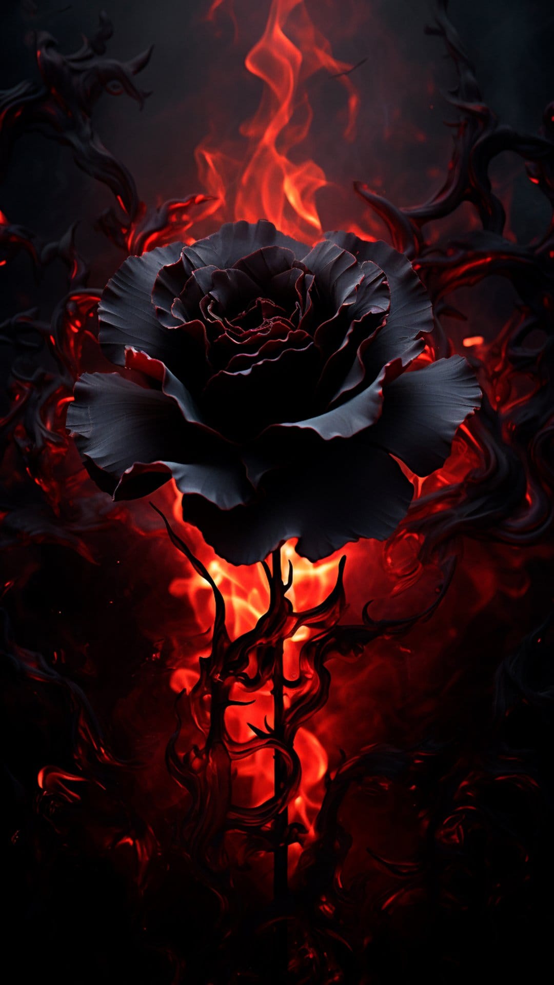 Black rose with thorny vines centers against a background of intense swirling red and orange fire and embers.