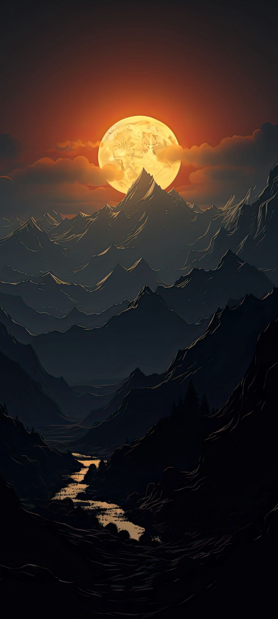 Jagged mountain peaks overlook a shimmering river reflecting a large full moon in a cloudy night sky.