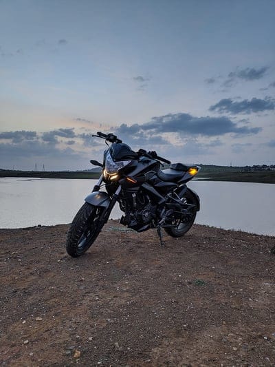 Pulsar NS200, bajaj, bike, evening, lake, motor, motorcycle, shotonpocof1, tracer, mobile wallpaper, android wallpaper, iPhone wallpaper, phone wallpaper