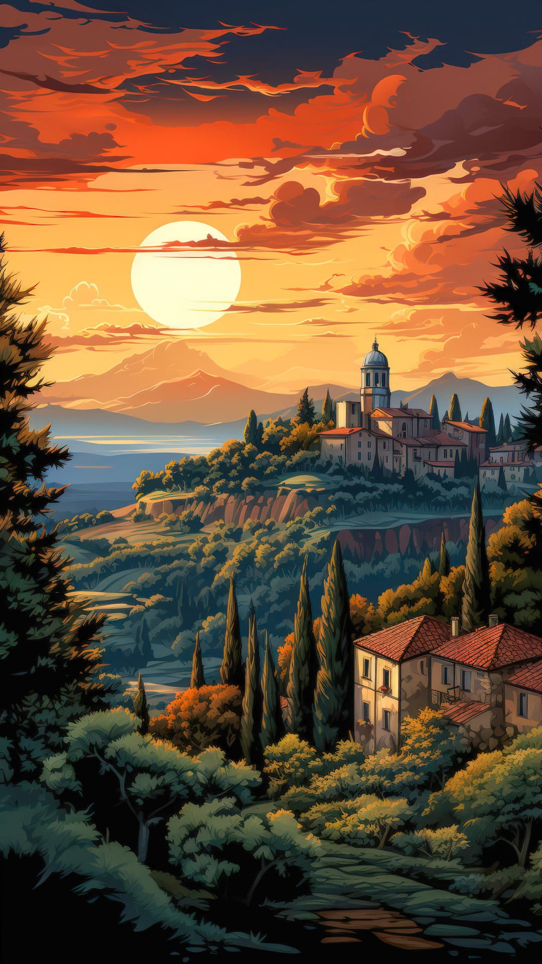 Tuscan villa with a domed roof overlooks rolling hills and cypress trees during a vibrant orange sunset.