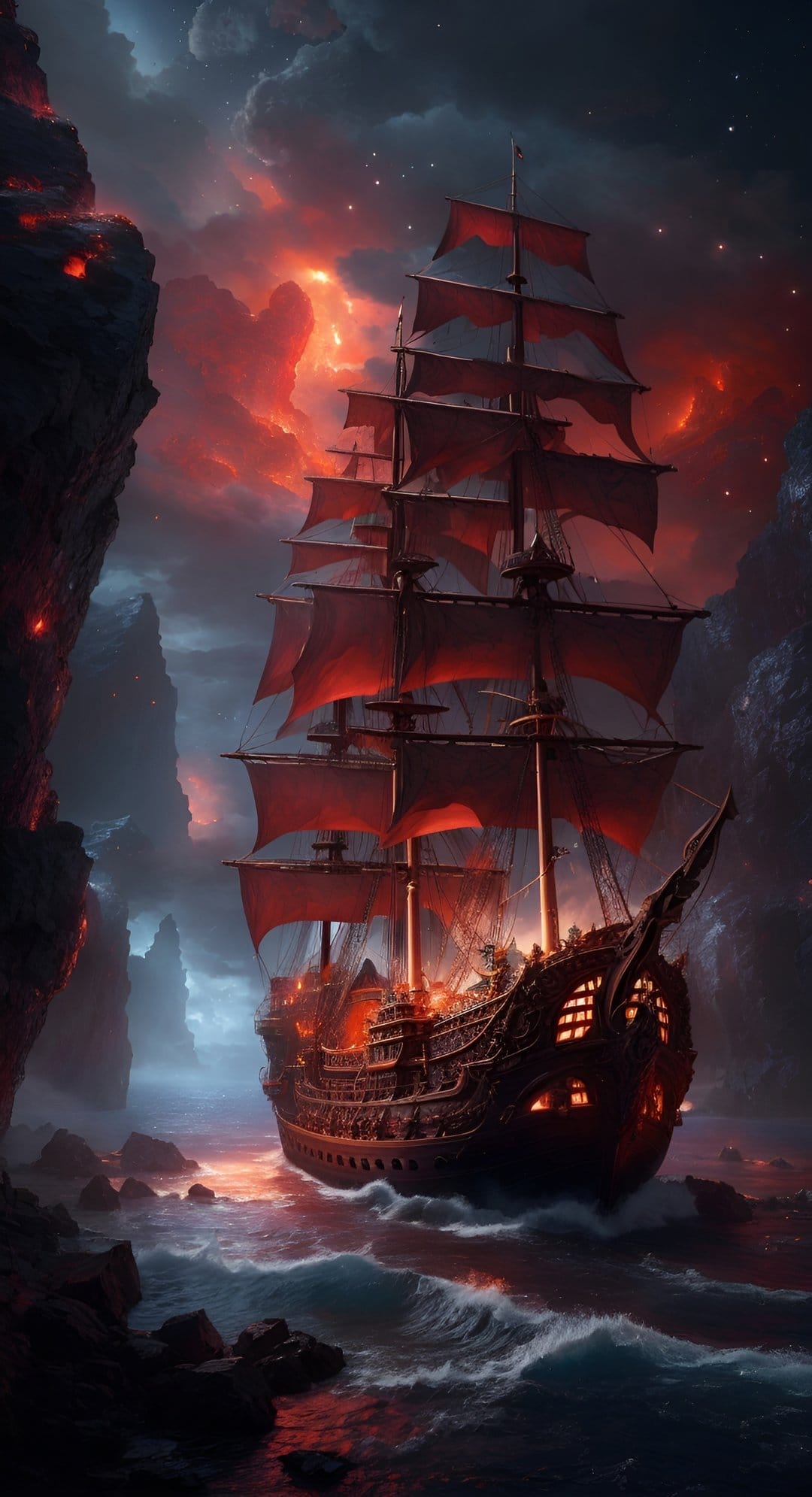 Galleon with red sails navigates through glowing lava waves and jagged cliffs under a dark starry night sky.