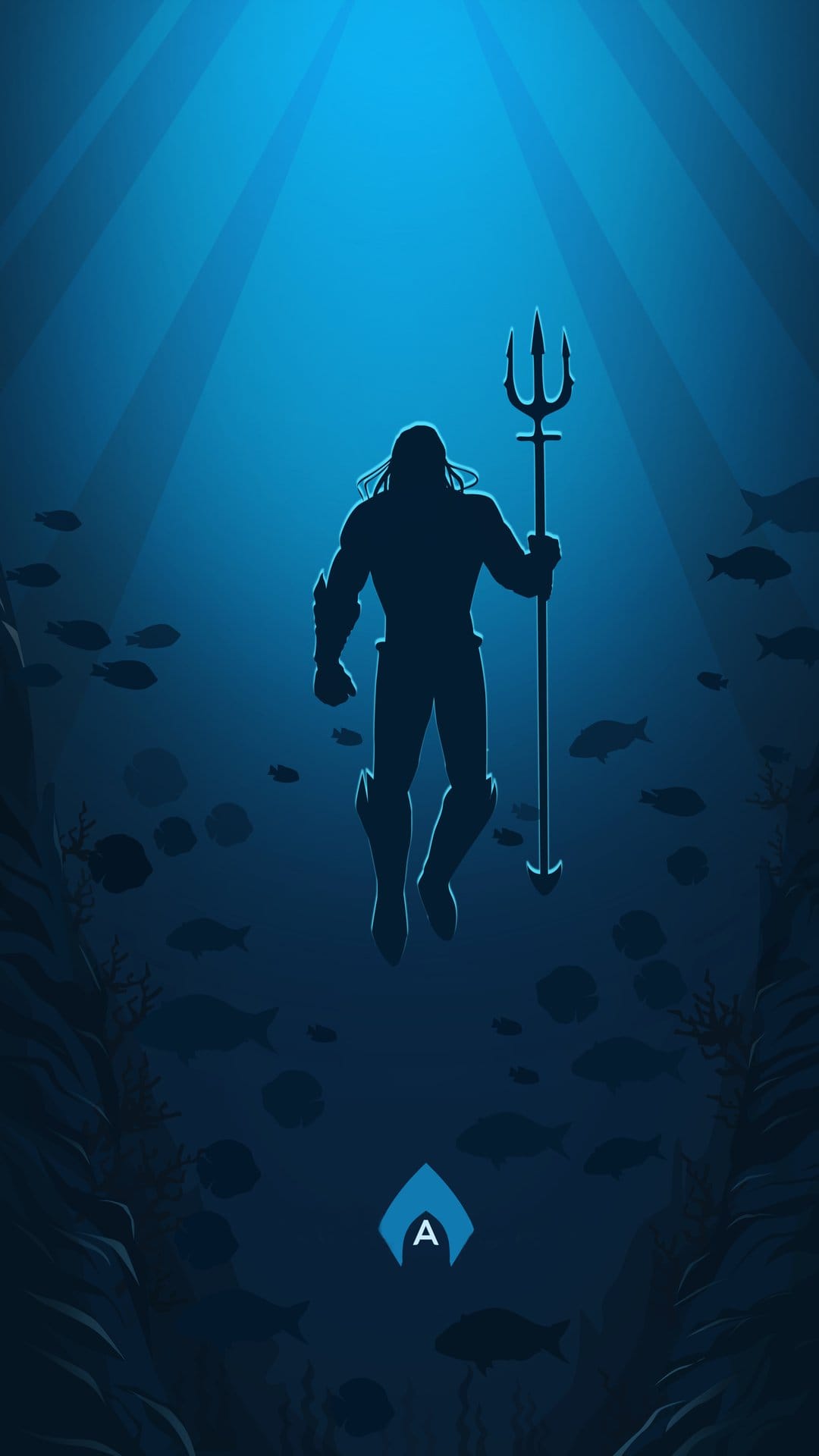 Aquaman silhouette holding a trident underwater with shafts of light and schools of fish in a blue ocean.