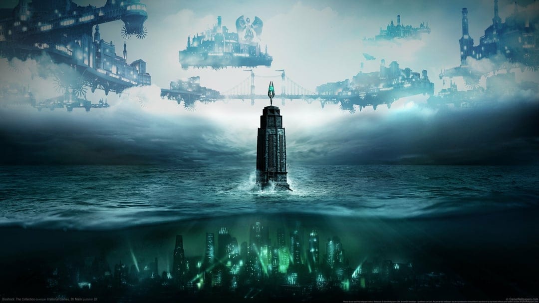 Cinematic view of a lighthouse between a floating sky city and a glowing underwater metropolis at sea.