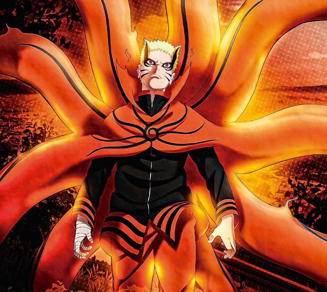 Naruto Uzumaki glowing in yellow Nine-Tails Chakra Mode with nine tails swirling behind his determined face.