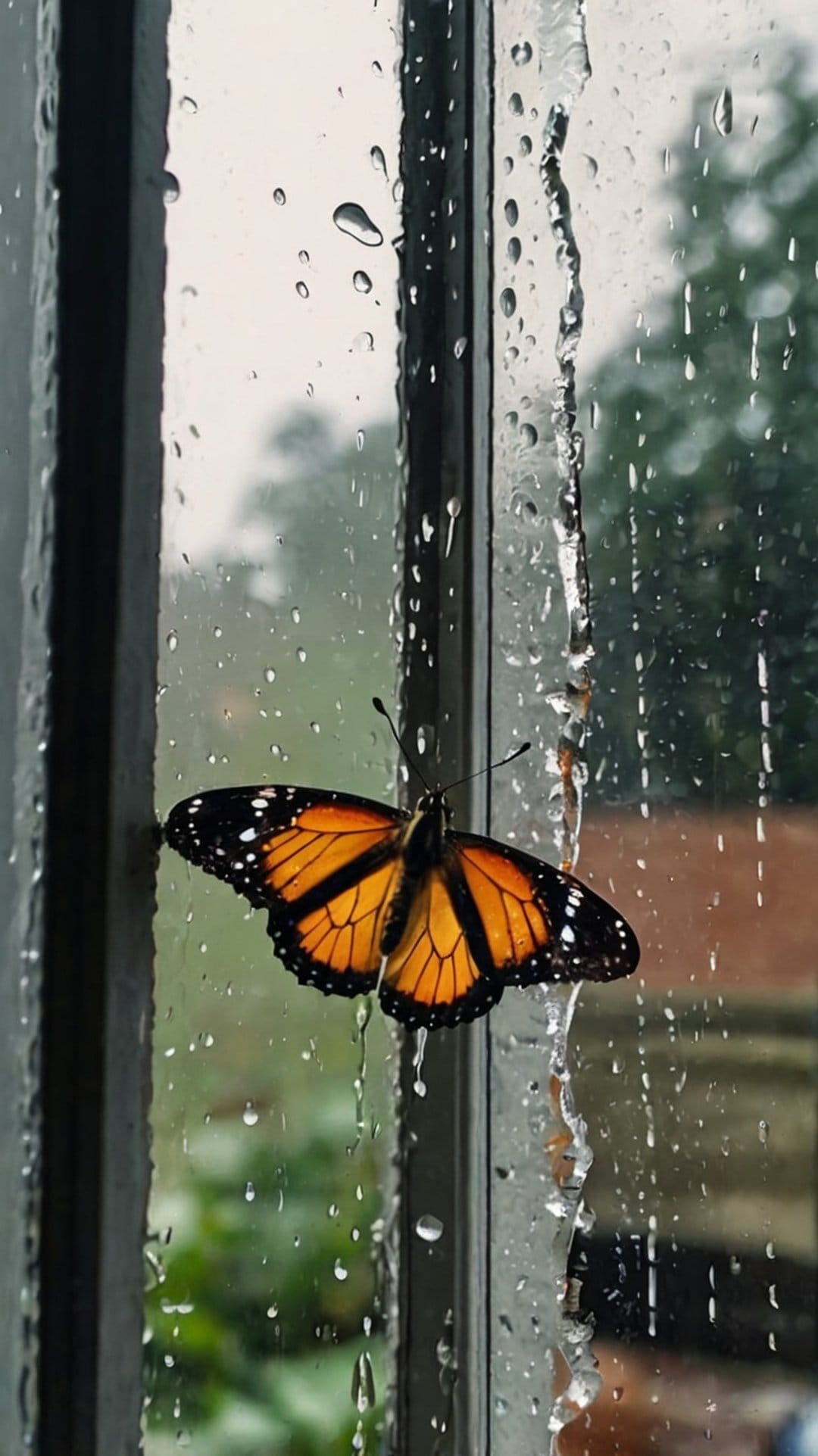 Monarch butterfly with orange wings clings to a wet windowpane covered in large, clear raindrops during a storm.