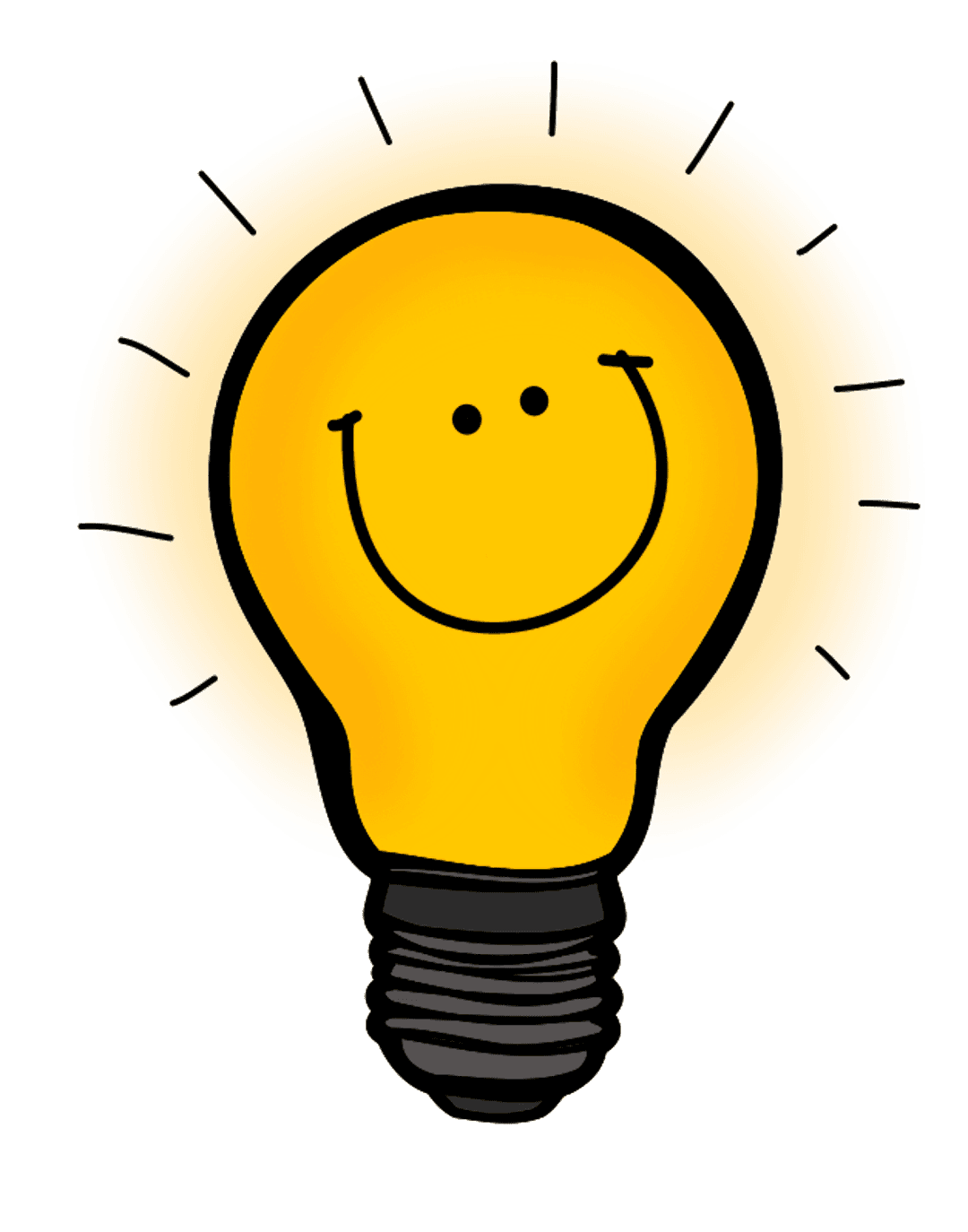 Yellow light bulb character with a smiling face and glowing internal filament over a transparent background.