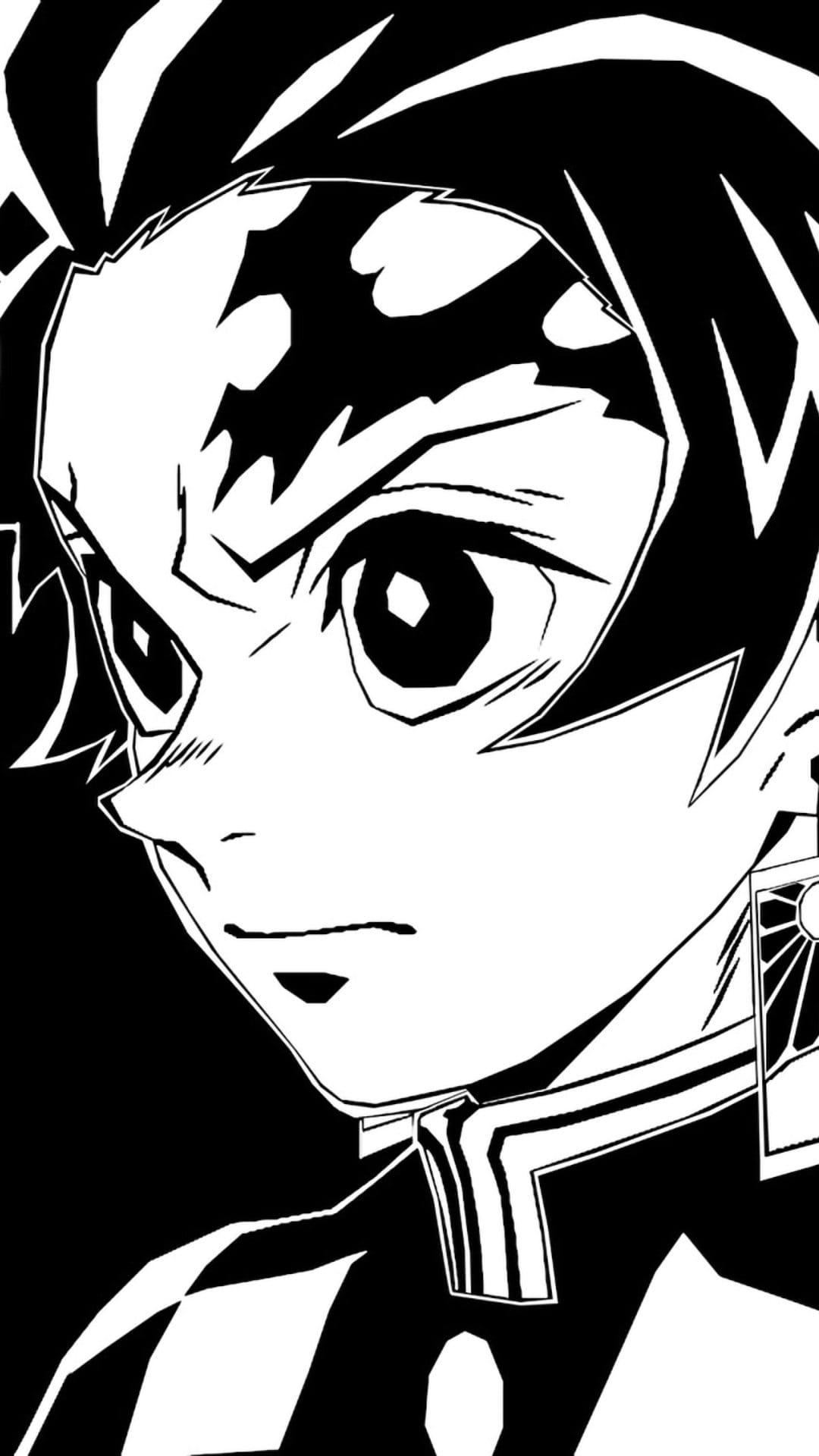 Tanjiro Kamado with a facial scar and hanafuda earrings stares forward with intense, focused eyes in monochrome.