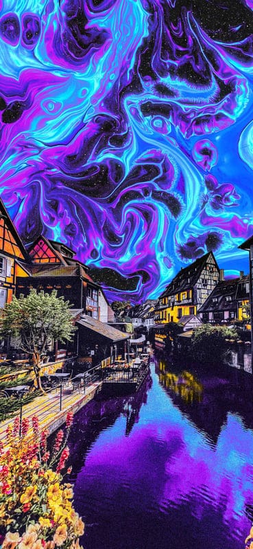 city,village,buildings,fantasy,stains,paint,reflection,strange,art