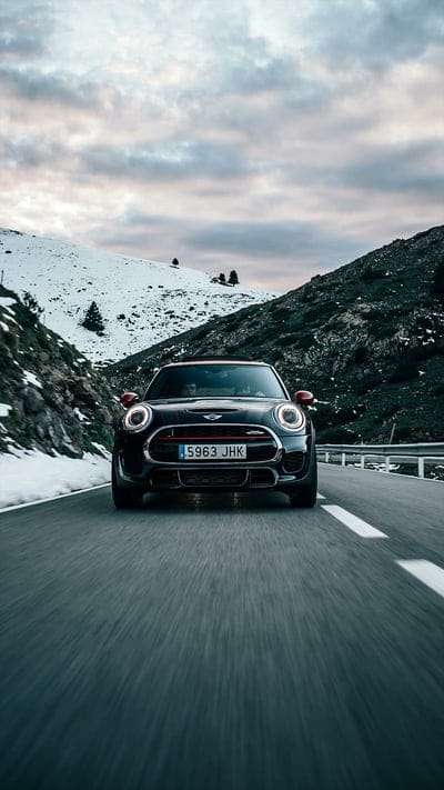 Mini Cooper S, black, car, esports, , snow, mountains, road, mobile wallpaper, android wallpaper, iPhone wallpaper, phone wallpaper