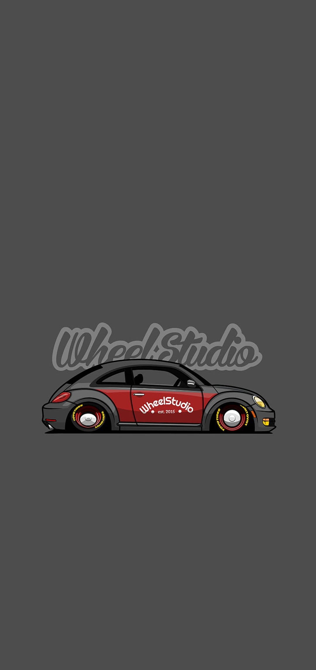 Red cartoon Volkswagen Beetle with Wheel Studio branding on the door against a solid dark gray background.