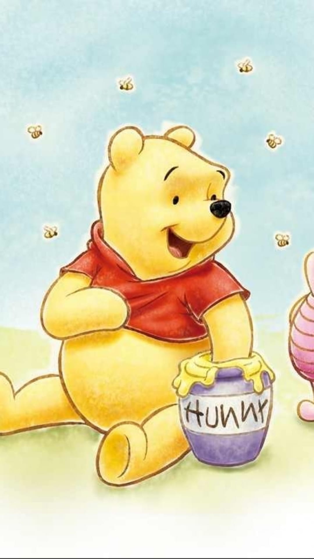 Winnie the Pooh sits with a purple honey pot while bees fly around him against a light blue sky.