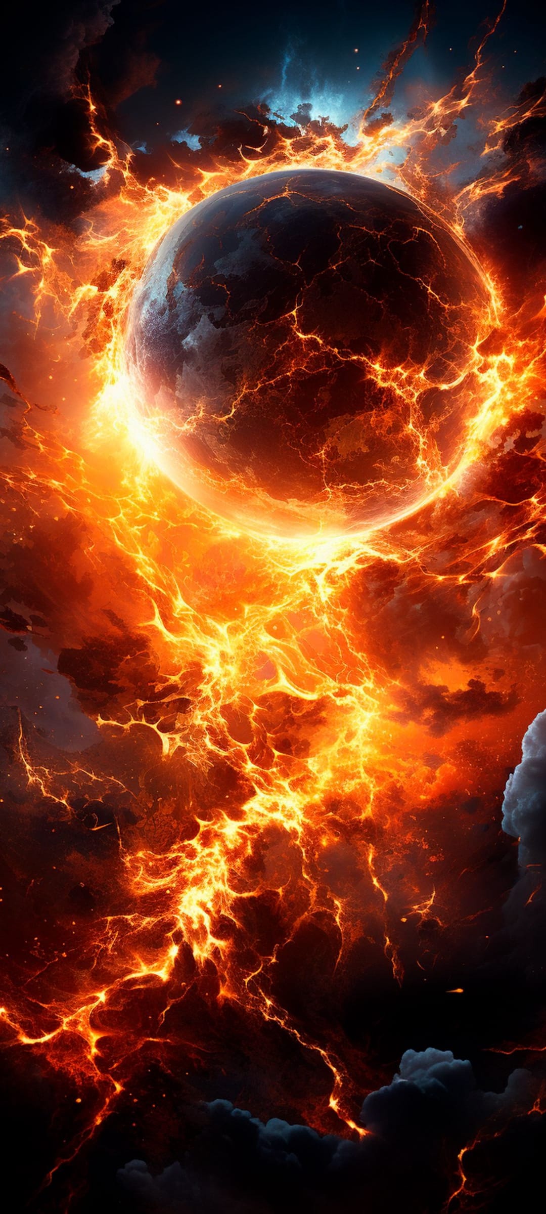 Molten lava planet fracturing with glowing orange rifts against a dark nebula background with swirling embers.