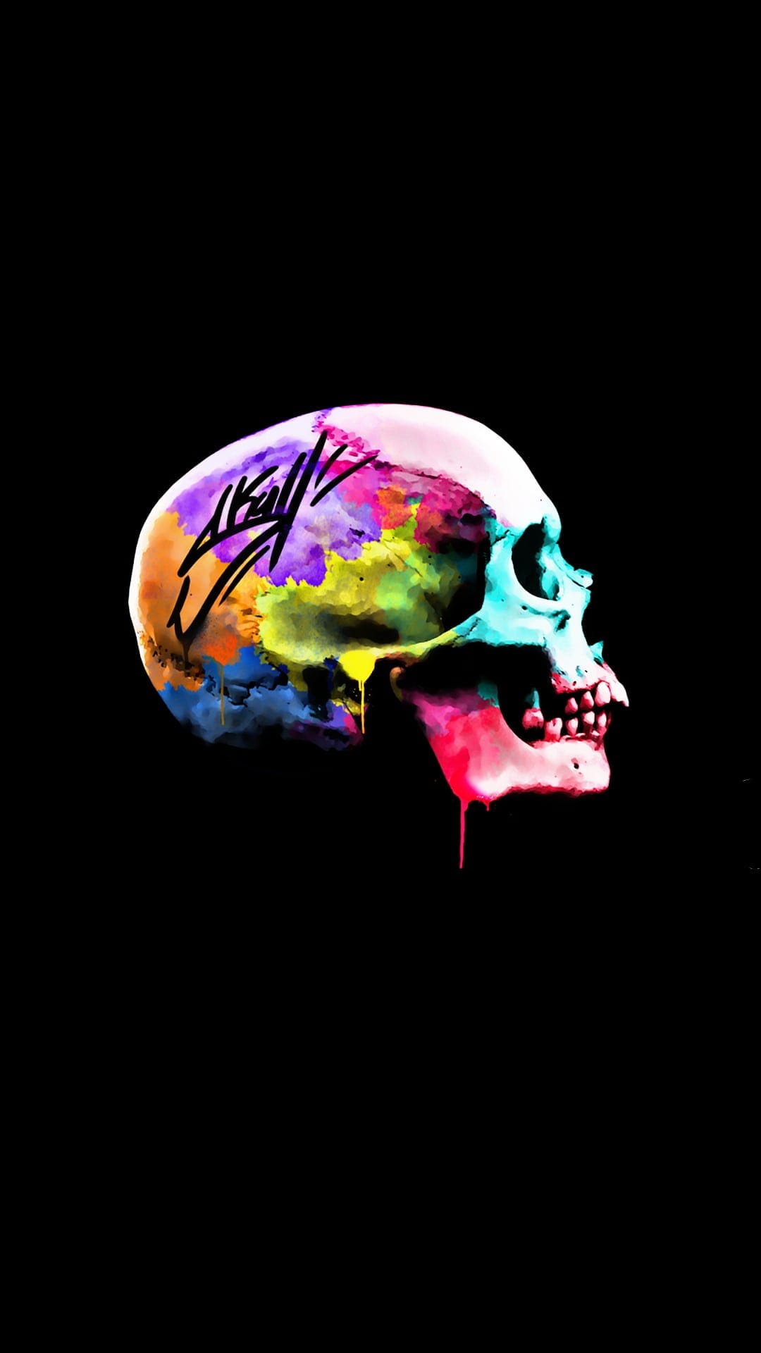 Human skull covered in neon pink and yellow graffiti paint drips against a solid black background.