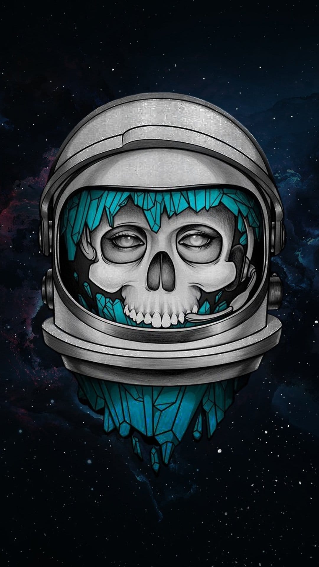 Astronaut skull with jagged blue crystal formations inside a helmet visor against a dark star-filled galaxy.