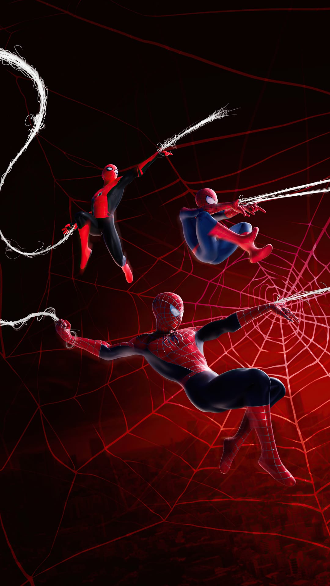Three Spider-Men in iconic suits swing through dense red and white webs against a smoky, dark scarlet background.
