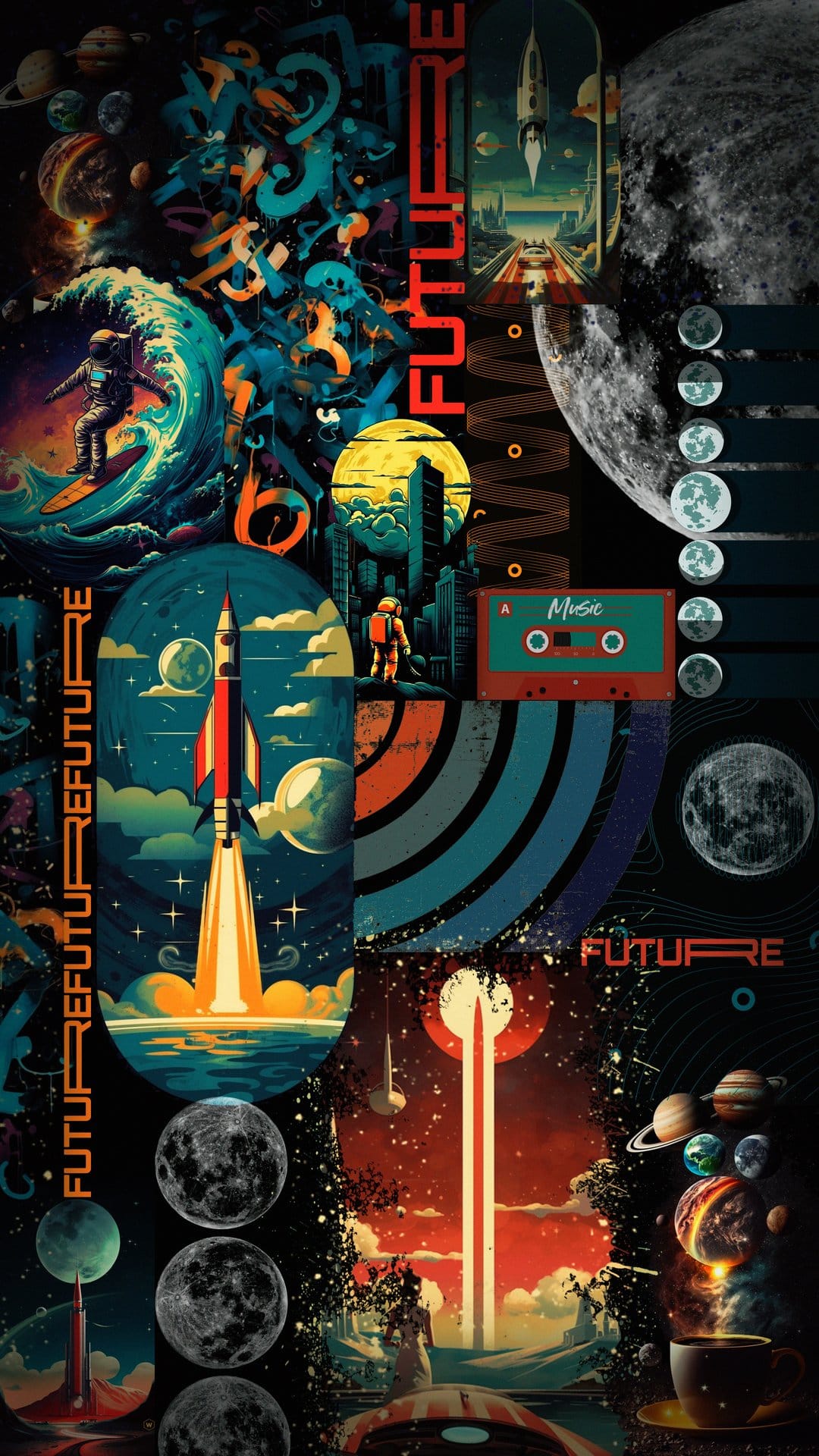 Surfing astronaut glides over a glowing city skyline beside vintage cassettes and colorful celestial bodies.