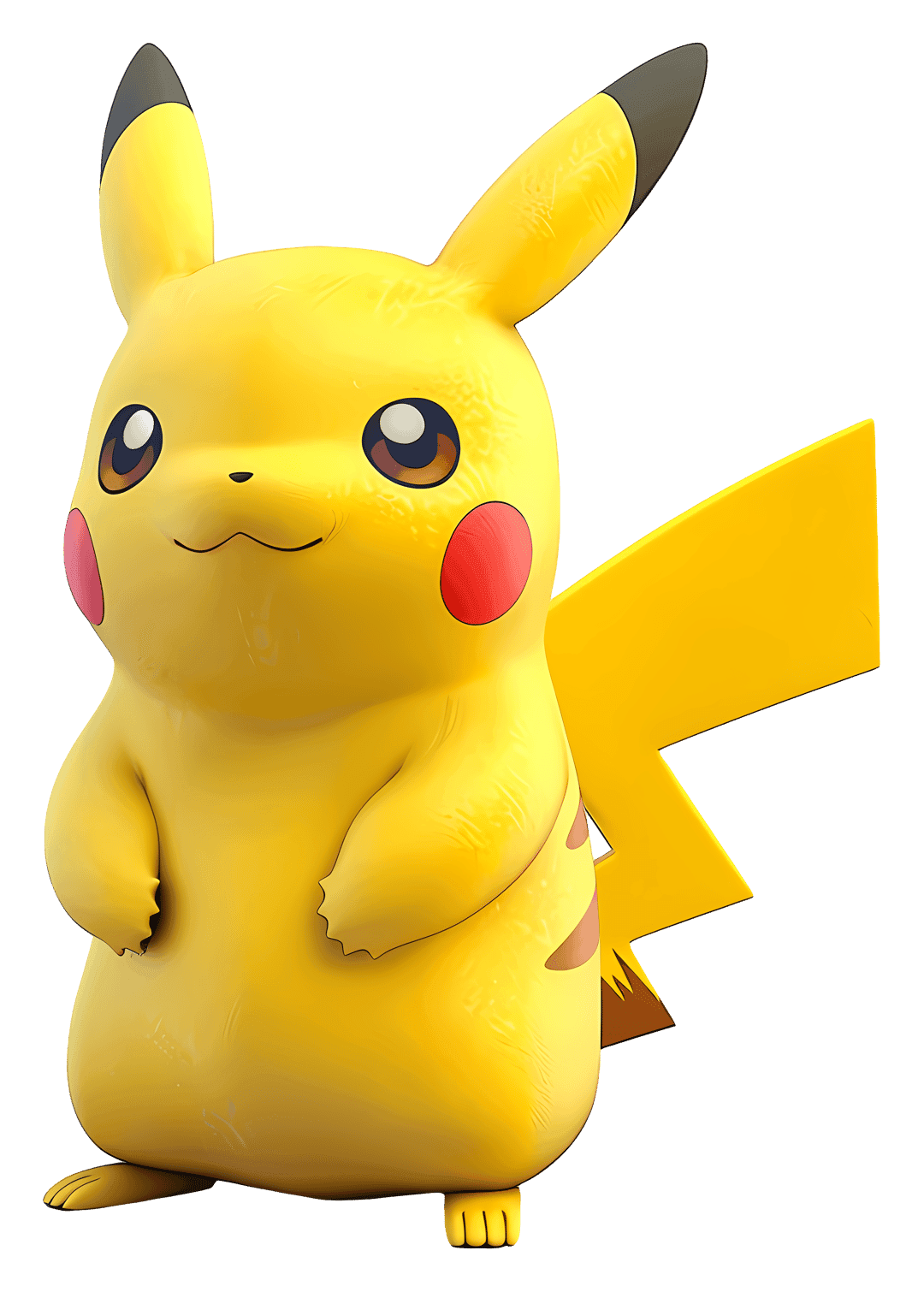 Pikachu mascot character standing with yellow fur, red cheeks, and pointed black-tipped ears on a clear back.
