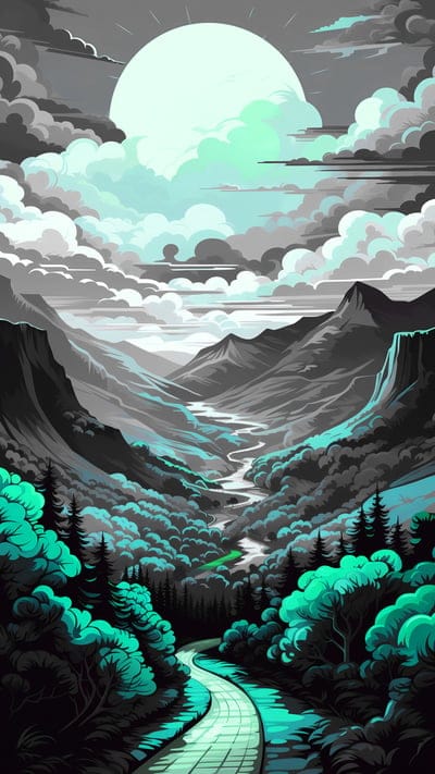 mountains,sun,path,trees,art