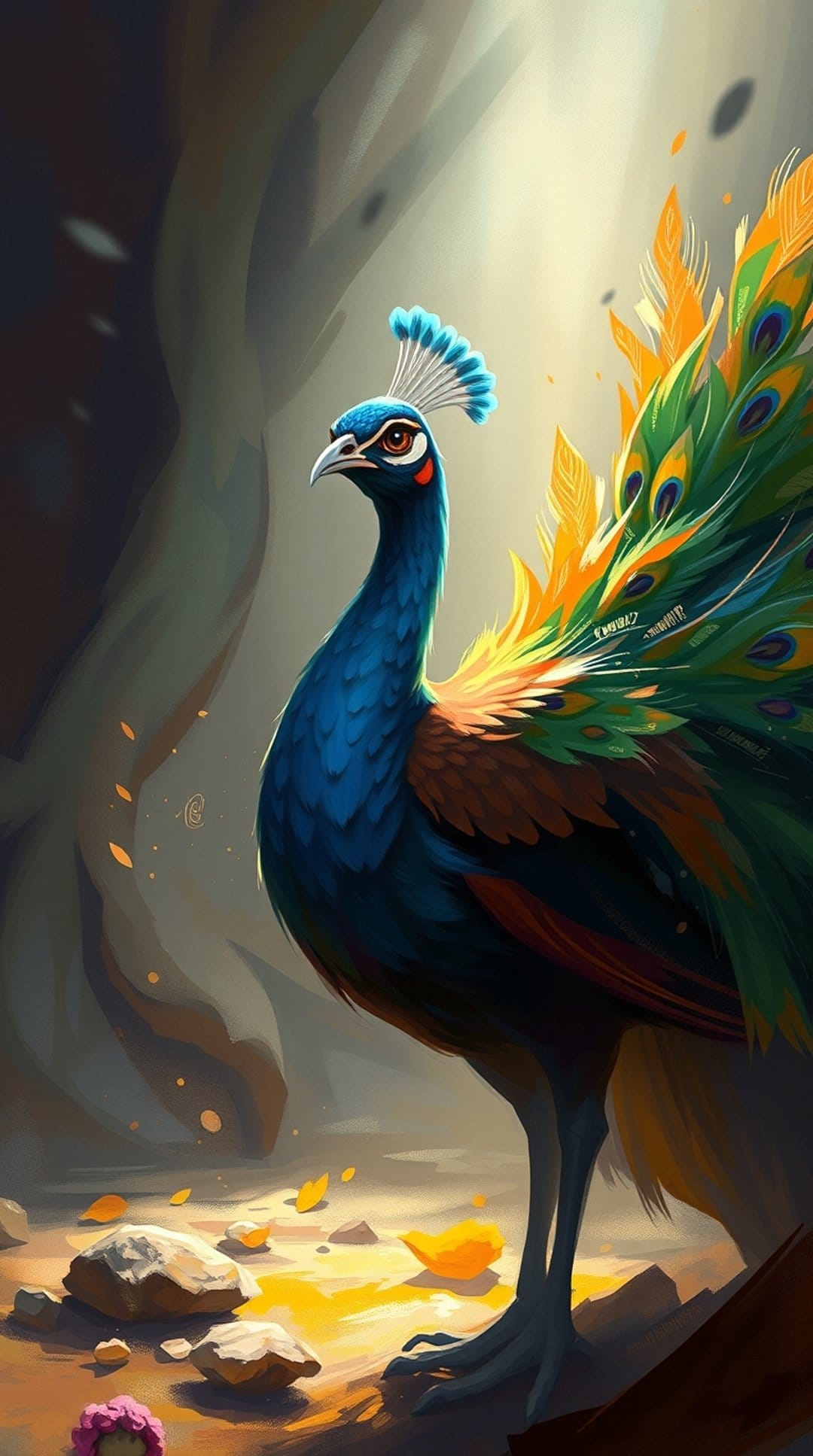 Peacock with a fanned iridescent tail stands in a sunlit forest clearing with golden light beams on the ground.