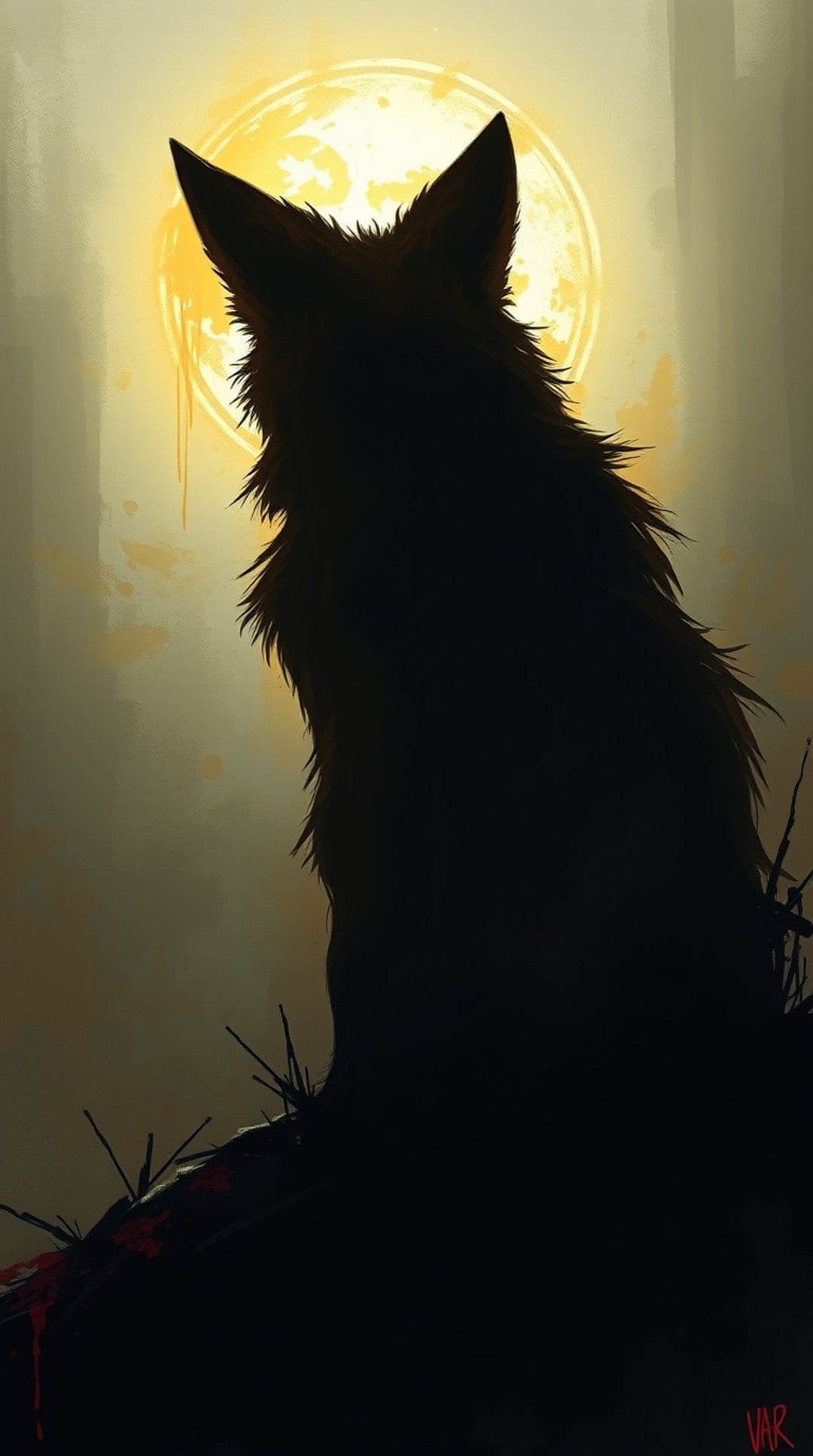 Wolf silhouette stands before a giant yellow moon and dark thorny branches with red stains in a misty woods.