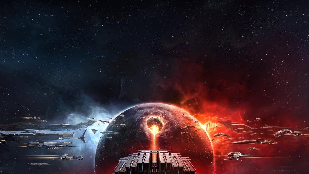 Symmetrical space battle between two fleets surrounding a planet emitting a massive beam of orange fire.